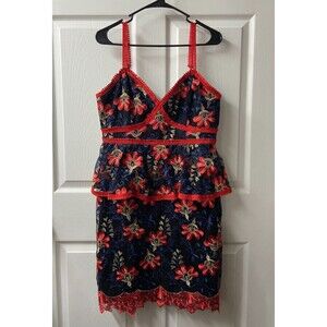 LULU’S Flirty Karina Floral Embroidered Mesh Peplum Dress Large Red Black Blue